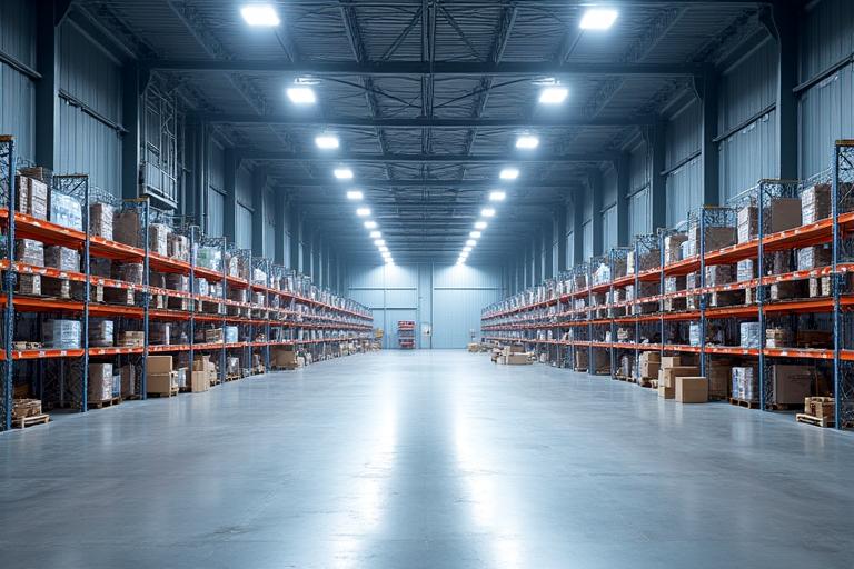 Entrepôt industriel bien éclairé après rénovation de l'éclairage par LumièreVerte