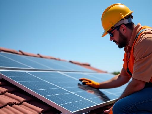 Installateur fixant un panneau solaire sur un toit résidentiel