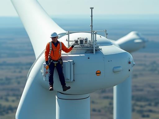 Technicien effectuant la maintenance sur une nacelle d'éolienne